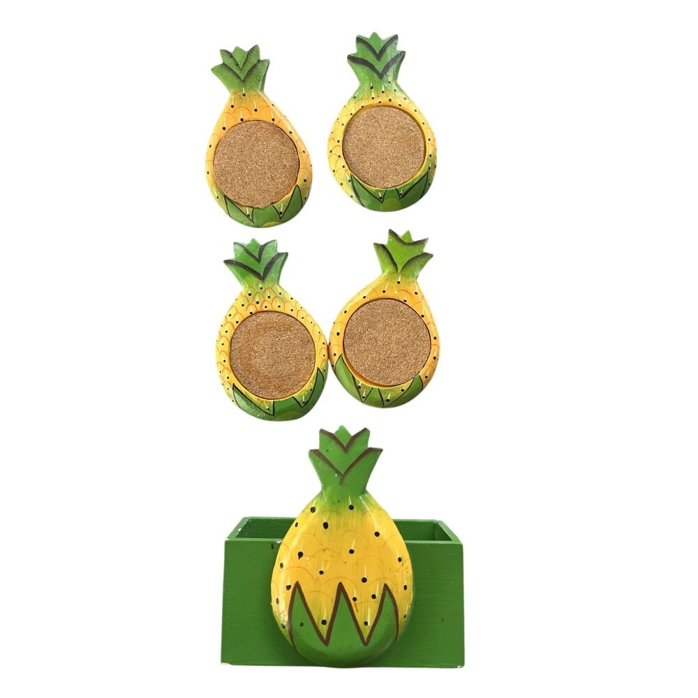 Box Set Of 4 Folk Art Hand Painted Wood pineapple coasters with cork Base